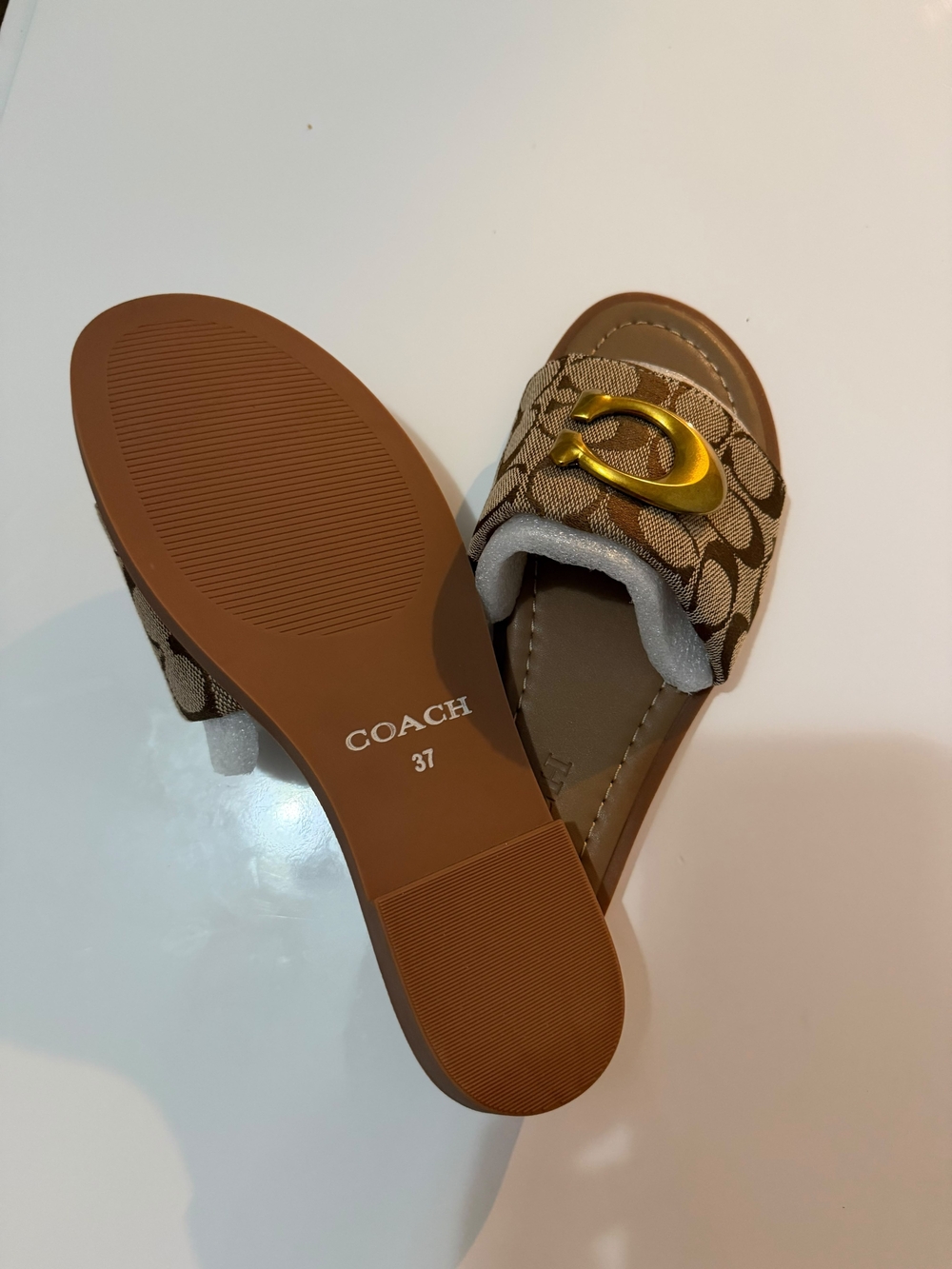 Coach Brown Signature Slide Sandals with Gold Accent